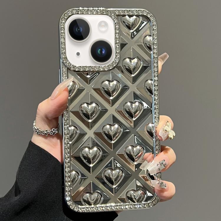 For iPhone 14 Electroplated Heart 3D Embossed Diamond TPU Phone Case