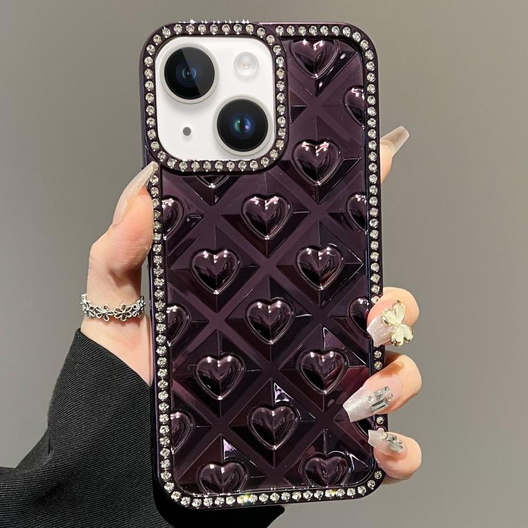 For iPhone 14 Electroplated Heart 3D Embossed Diamond TPU Phone Case