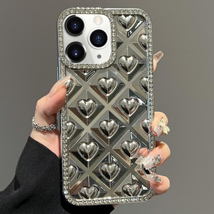 For iPhone 11 Pro Max Electroplated Heart 3D Embossed Diamond TPU Phone Case