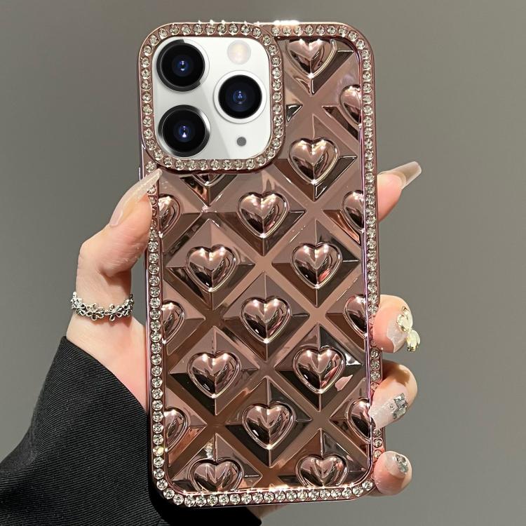 For iPhone 11 Pro Max Electroplated Heart 3D Embossed Diamond TPU Phone Case
