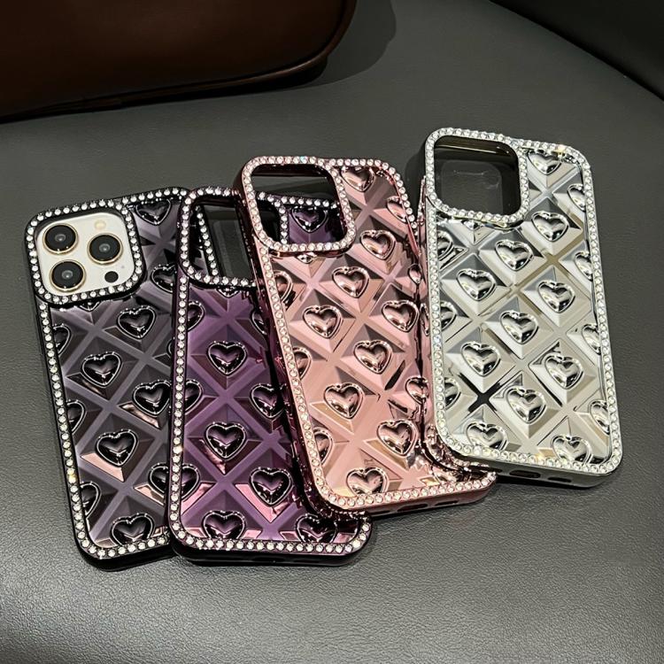 For iPhone 14 Pro Electroplated Heart 3D Embossed Diamond TPU Phone Case