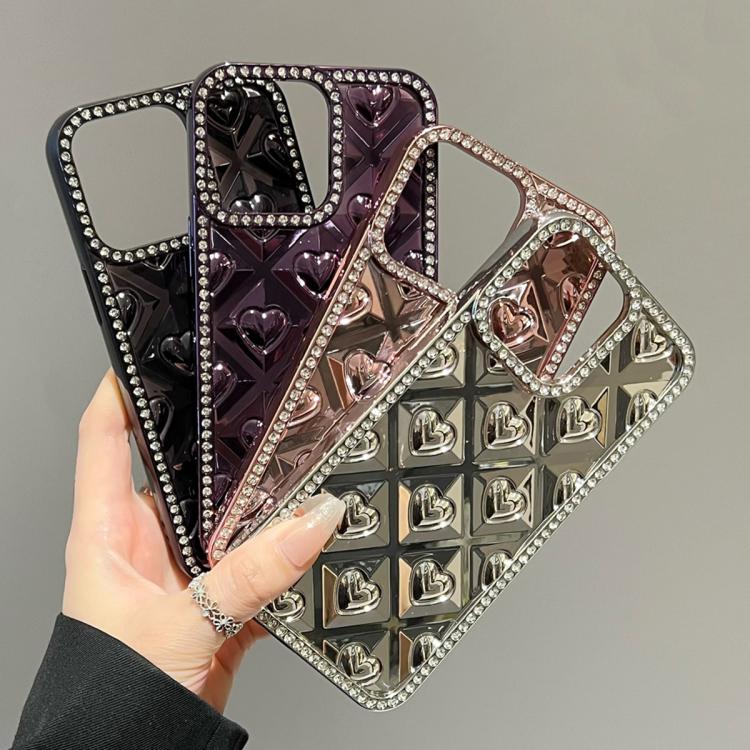 For iPhone 15 Electroplated Heart 3D Embossed Diamond TPU Phone Case