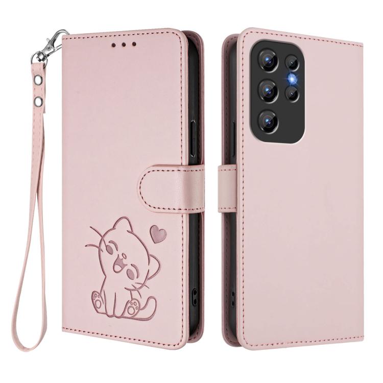 For Oukitel C1 / C1 Pro Embossed Heart Cat Leather Phone Case with Hand Strap