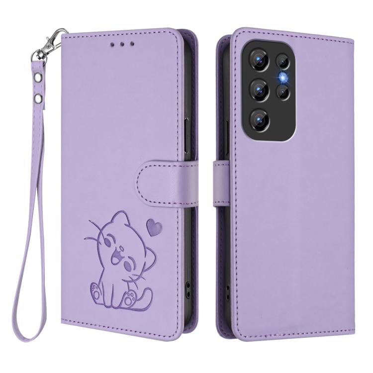 For Oukitel C1 / C1 Pro Embossed Heart Cat Leather Phone Case with Hand Strap