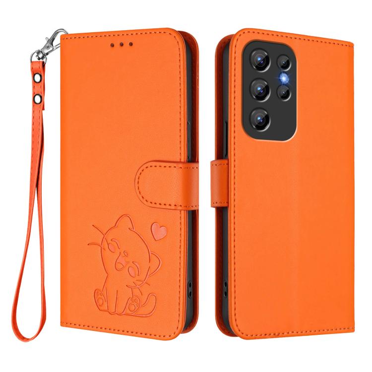 For Oukitel C1 / C1 Pro Embossed Heart Cat Leather Phone Case with Hand Strap
