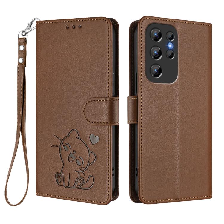 For Oukitel C1 / C1 Pro Embossed Heart Cat Leather Phone Case with Hand Strap
