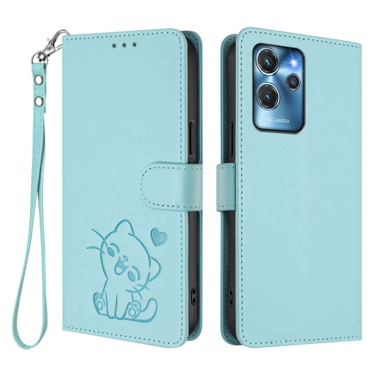 For Oukitel C32 Embossed Heart Cat Leather Phone Case with Hand Strap