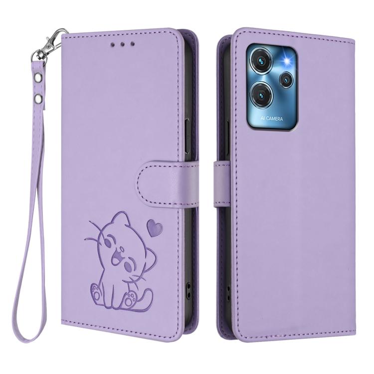 For Oukitel C32 Embossed Heart Cat Leather Phone Case with Hand Strap