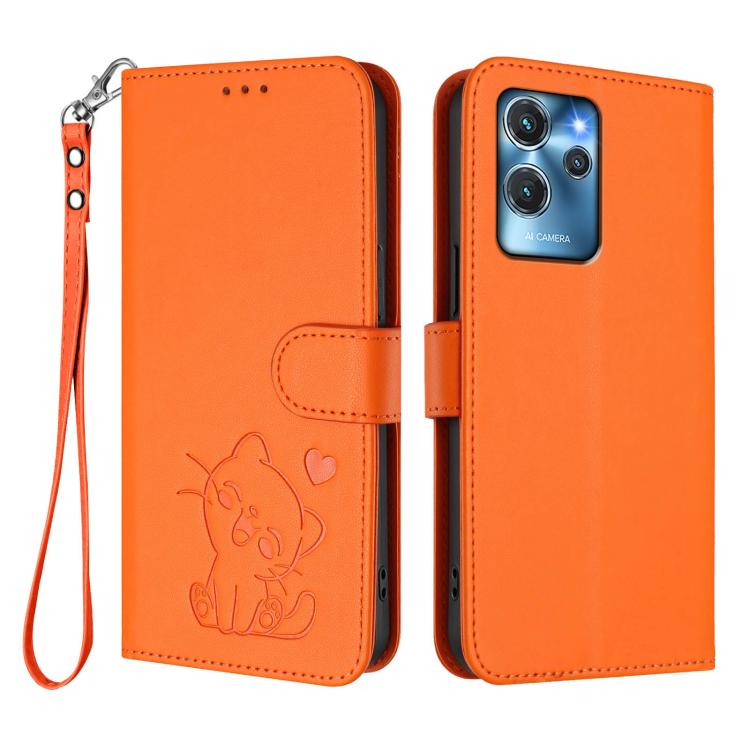 For Oukitel C32 Embossed Heart Cat Leather Phone Case with Hand Strap