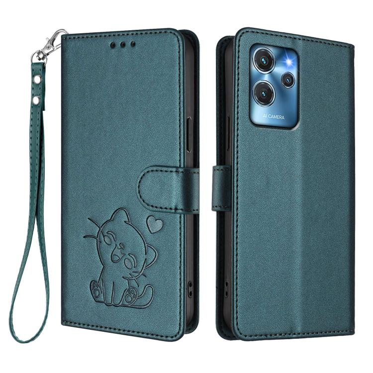 For Oukitel C32 Embossed Heart Cat Leather Phone Case with Hand Strap
