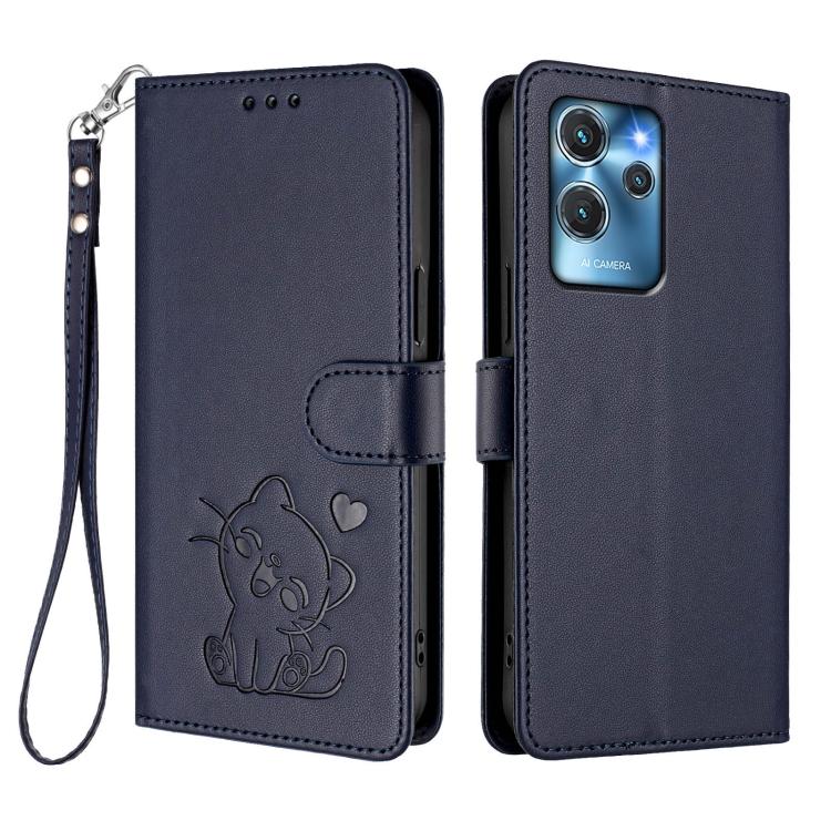 For Oukitel C32 Embossed Heart Cat Leather Phone Case with Hand Strap