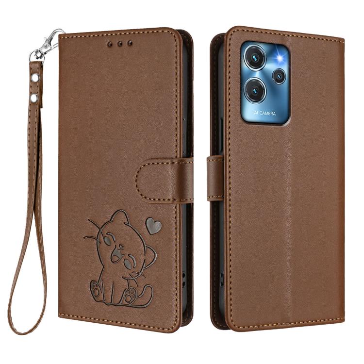 For Oukitel C32 Embossed Heart Cat Leather Phone Case with Hand Strap