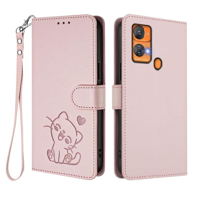 For Oukitel C33 Embossed Heart Cat Leather Phone Case with Hand Strap