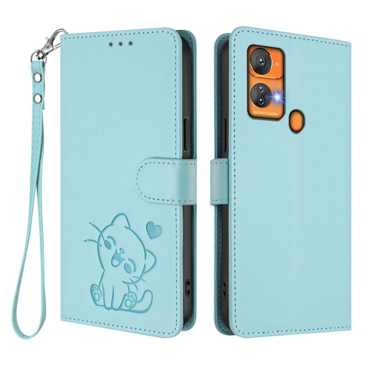 For Oukitel C33 Embossed Heart Cat Leather Phone Case with Hand Strap
