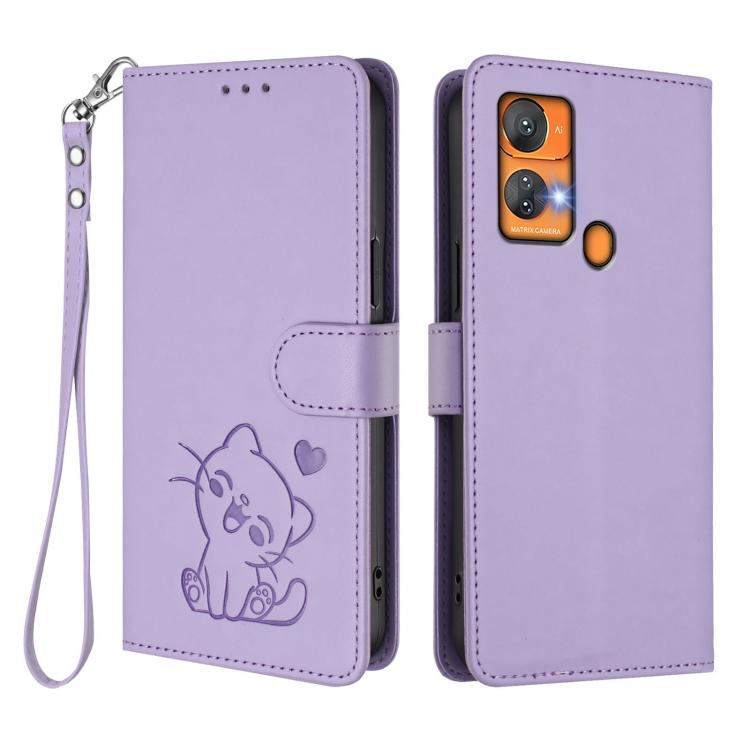 For Oukitel C33 Embossed Heart Cat Leather Phone Case with Hand Strap