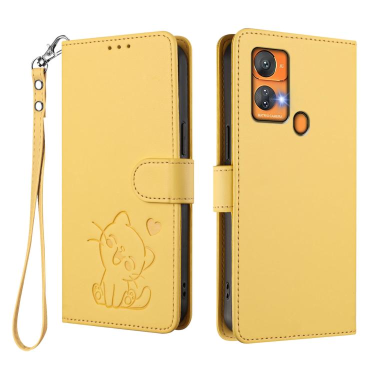 For Oukitel C33 Embossed Heart Cat Leather Phone Case with Hand Strap