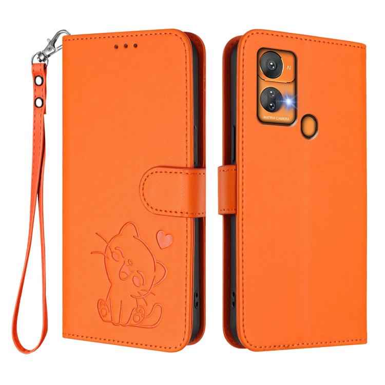 For Oukitel C33 Embossed Heart Cat Leather Phone Case with Hand Strap