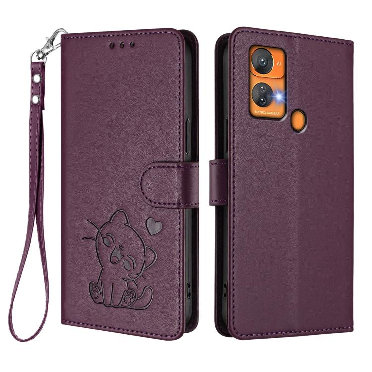 For Oukitel C33 Embossed Heart Cat Leather Phone Case with Hand Strap