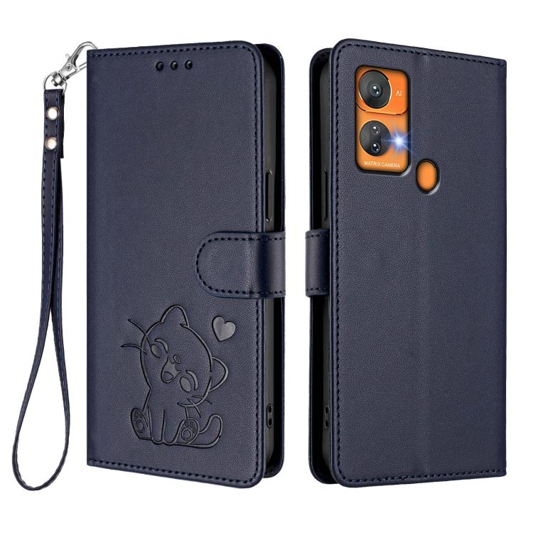 For Oukitel C33 Embossed Heart Cat Leather Phone Case with Hand Strap