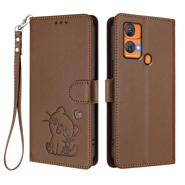 For Oukitel C33 Embossed Heart Cat Leather Phone Case with Hand Strap