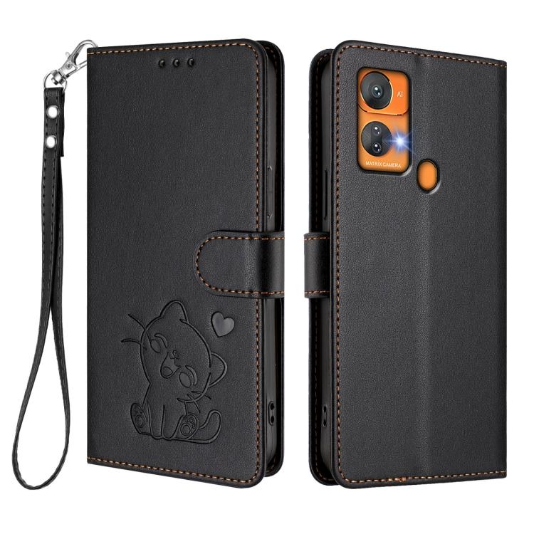 For Oukitel C33 Embossed Heart Cat Leather Phone Case with Hand Strap