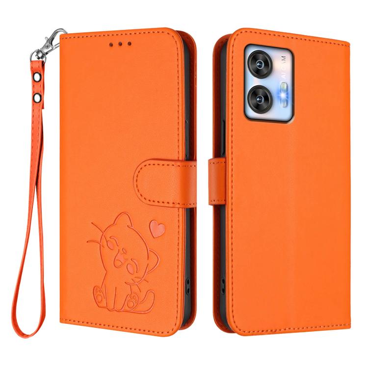 For Oukitel C35 Embossed Heart Cat Leather Phone Case with Hand Strap