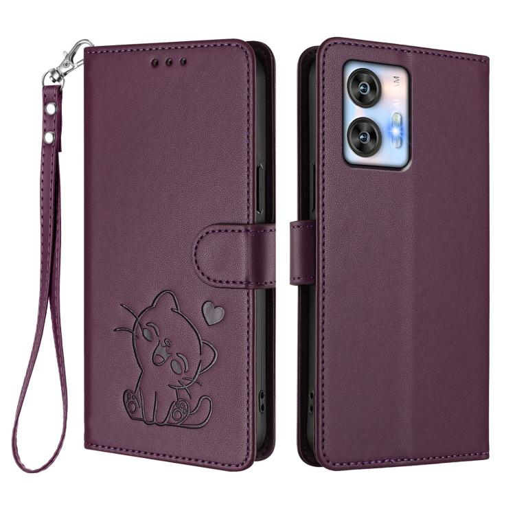 For Oukitel C35 Embossed Heart Cat Leather Phone Case with Hand Strap