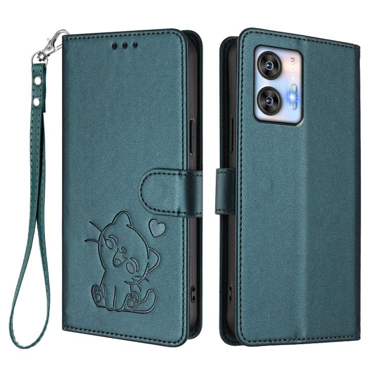 For Oukitel C35 Embossed Heart Cat Leather Phone Case with Hand Strap