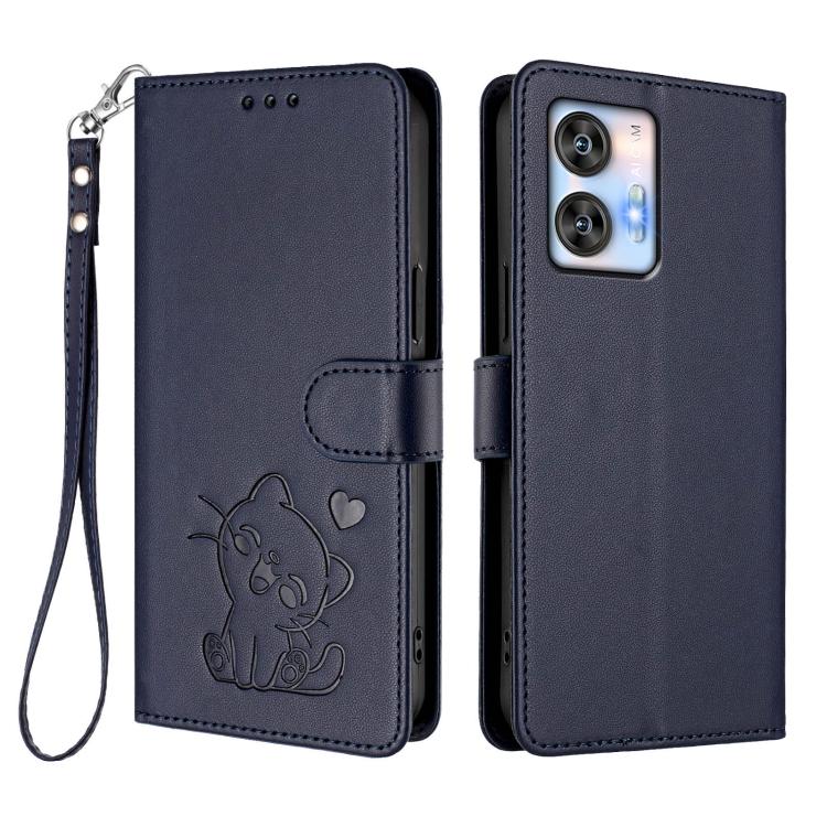 For Oukitel C35 Embossed Heart Cat Leather Phone Case with Hand Strap