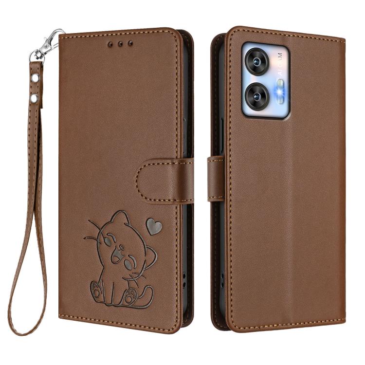 For Oukitel C35 Embossed Heart Cat Leather Phone Case with Hand Strap