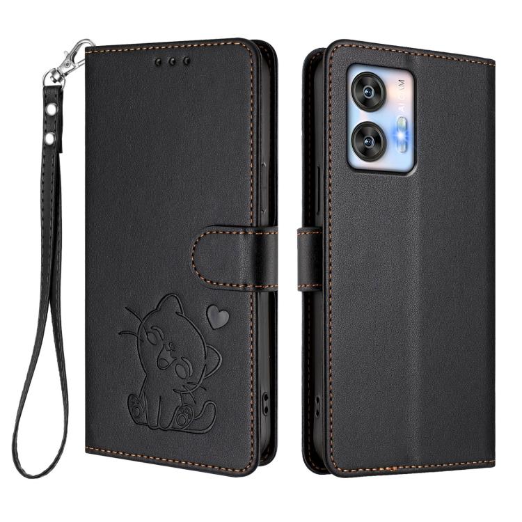 For Oukitel C35 Embossed Heart Cat Leather Phone Case with Hand Strap