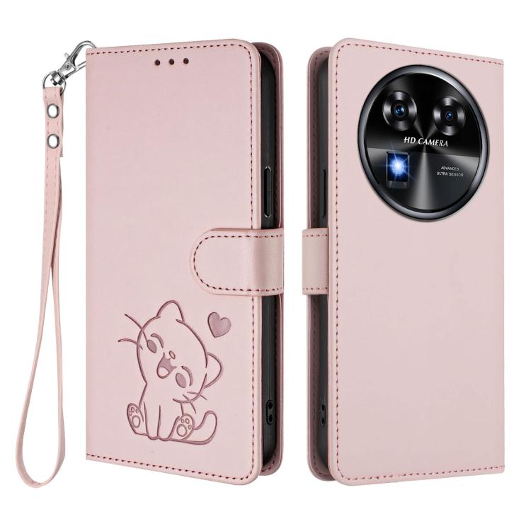 For Oukitel C37 Embossed Heart Cat Leather Phone Case with Hand Strap