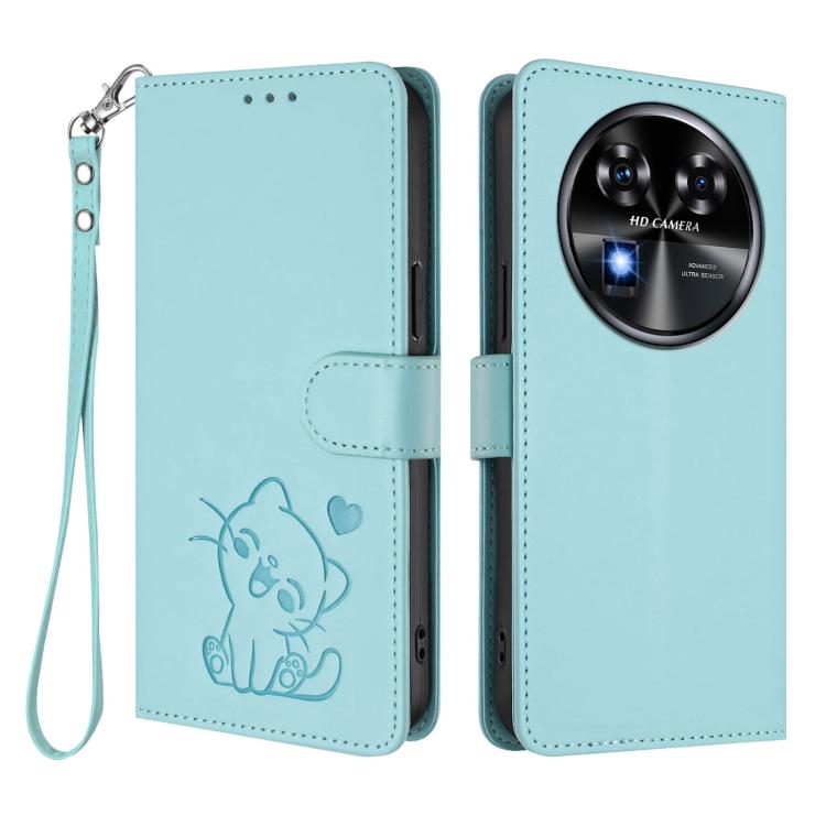 For Oukitel C37 Embossed Heart Cat Leather Phone Case with Hand Strap