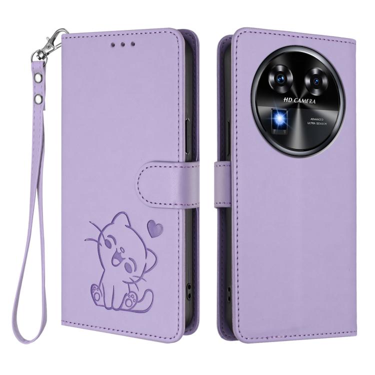 For Oukitel C37 Embossed Heart Cat Leather Phone Case with Hand Strap