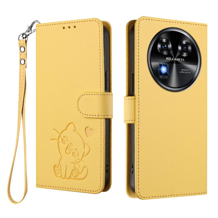 For Oukitel C37 Embossed Heart Cat Leather Phone Case with Hand Strap