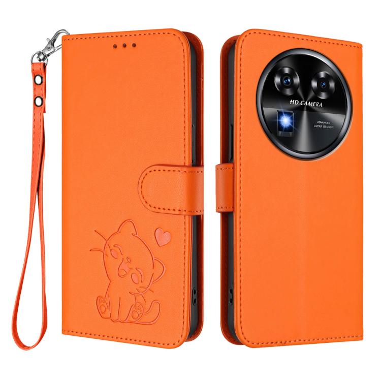 For Oukitel C37 Embossed Heart Cat Leather Phone Case with Hand Strap
