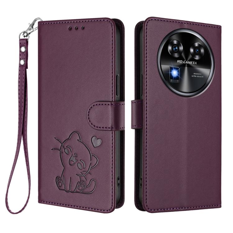 For Oukitel C37 Embossed Heart Cat Leather Phone Case with Hand Strap