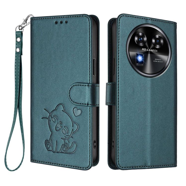 For Oukitel C37 Embossed Heart Cat Leather Phone Case with Hand Strap
