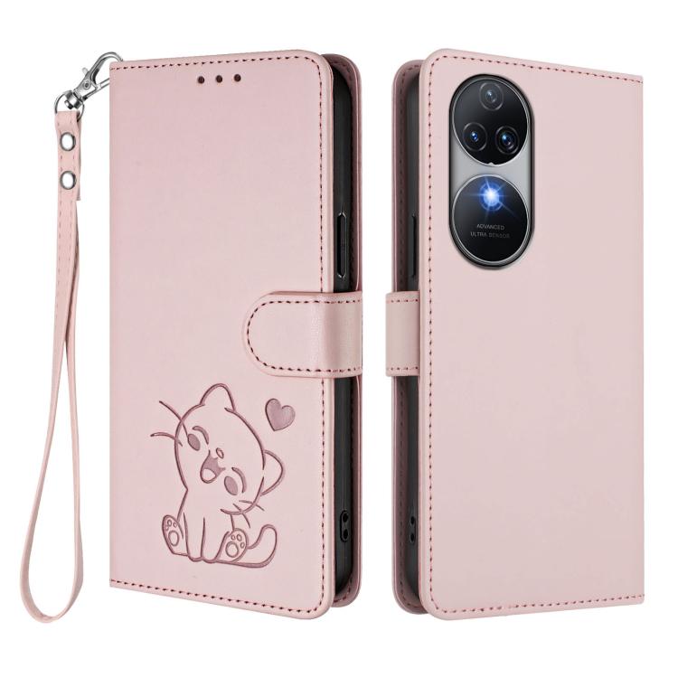 For Oukitel C38 Embossed Heart Cat Leather Phone Case with Hand Strap