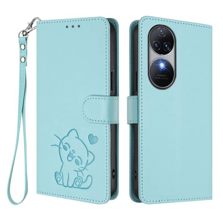 For Oukitel C38 Embossed Heart Cat Leather Phone Case with Hand Strap