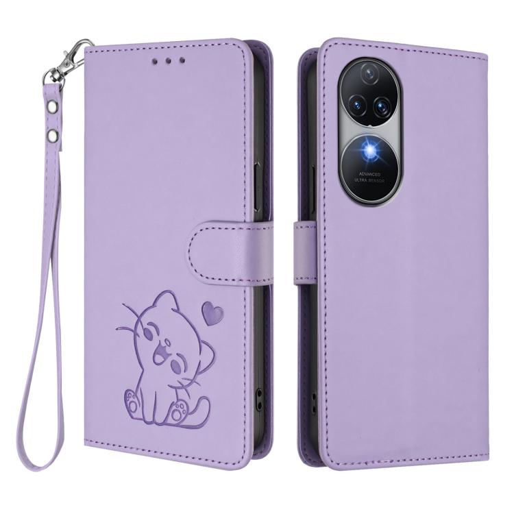 For Oukitel C38 Embossed Heart Cat Leather Phone Case with Hand Strap