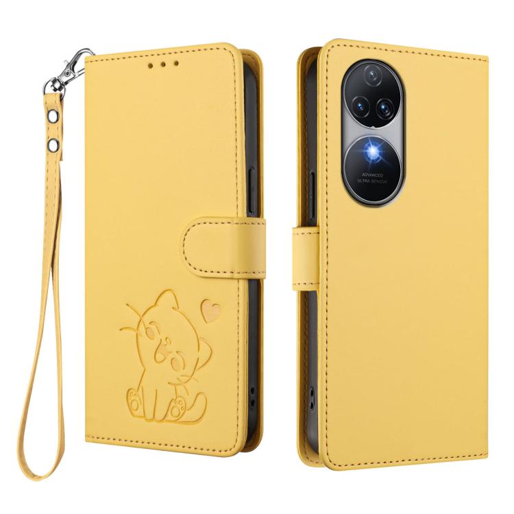For Oukitel C38 Embossed Heart Cat Leather Phone Case with Hand Strap