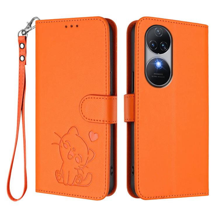 For Oukitel C38 Embossed Heart Cat Leather Phone Case with Hand Strap