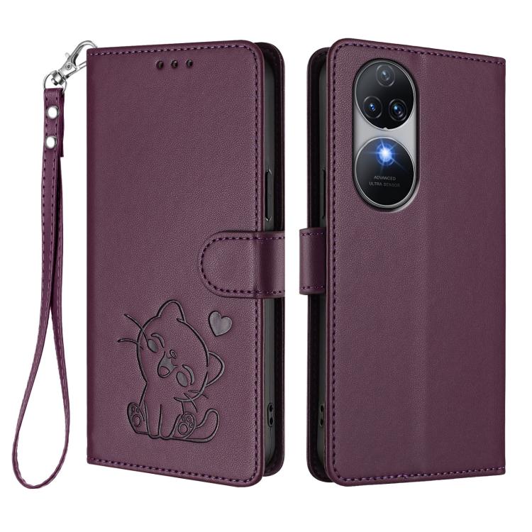For Oukitel C38 Embossed Heart Cat Leather Phone Case with Hand Strap