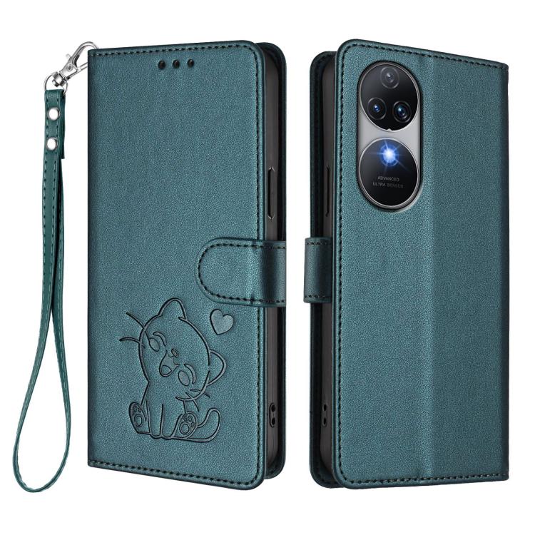 For Oukitel C38 Embossed Heart Cat Leather Phone Case with Hand Strap