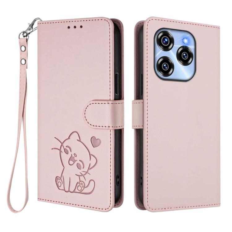 For Oukitel C50 Embossed Heart Cat Leather Phone Case with Hand Strap