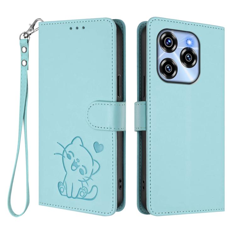 For Oukitel C50 Embossed Heart Cat Leather Phone Case with Hand Strap