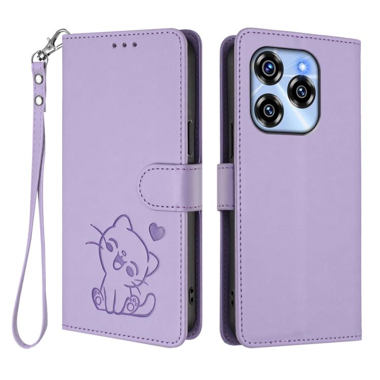 For Oukitel C50 Embossed Heart Cat Leather Phone Case with Hand Strap