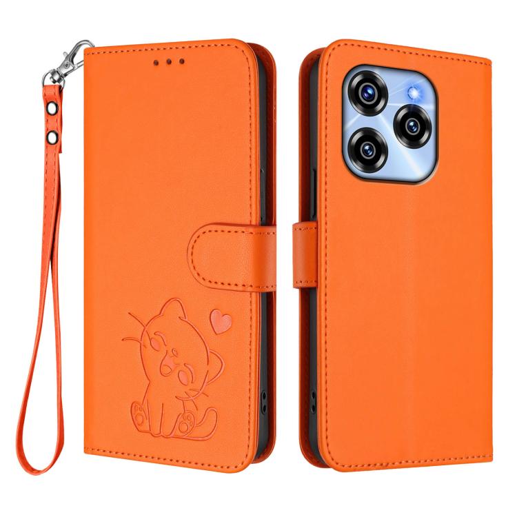 For Oukitel C50 Embossed Heart Cat Leather Phone Case with Hand Strap