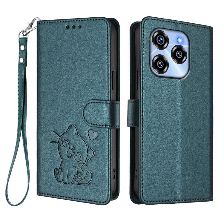 For Oukitel C50 Embossed Heart Cat Leather Phone Case with Hand Strap